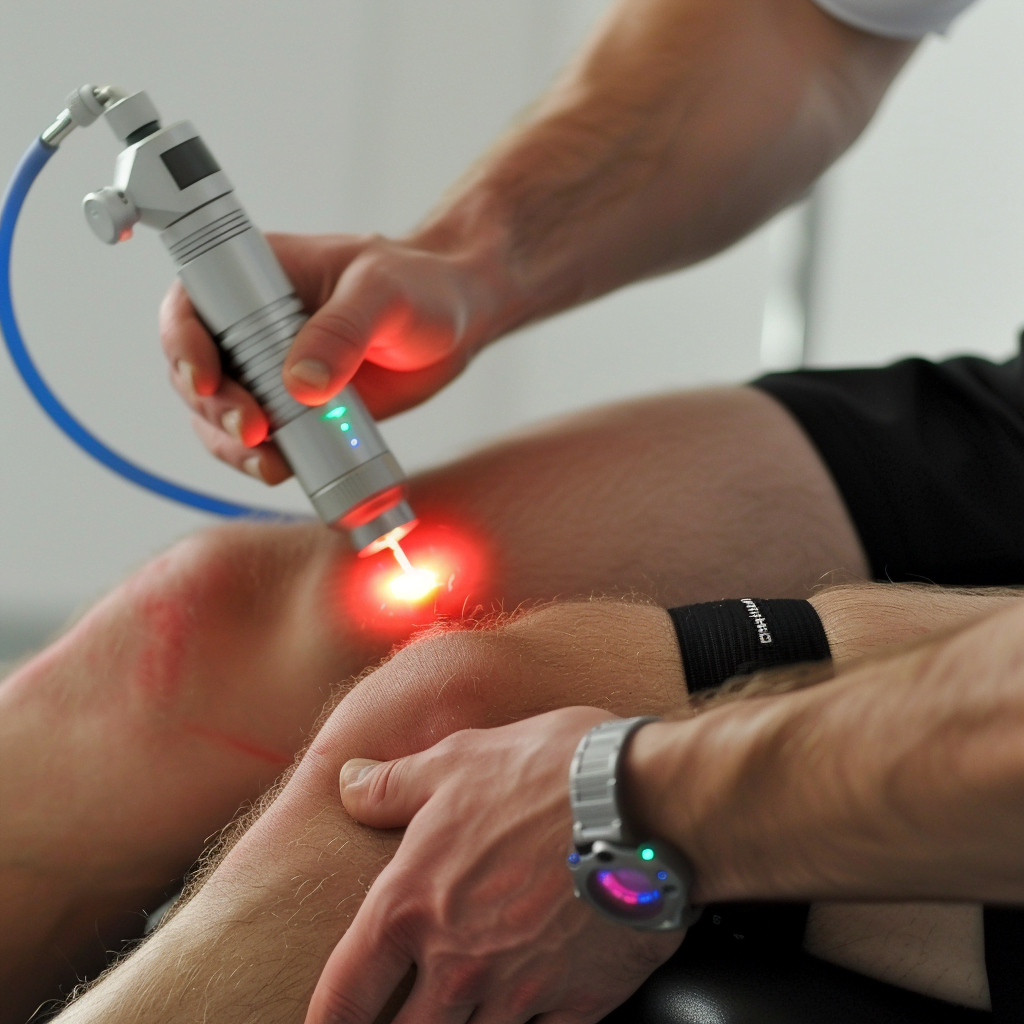 A closeup of an athlete receiving laser therapy